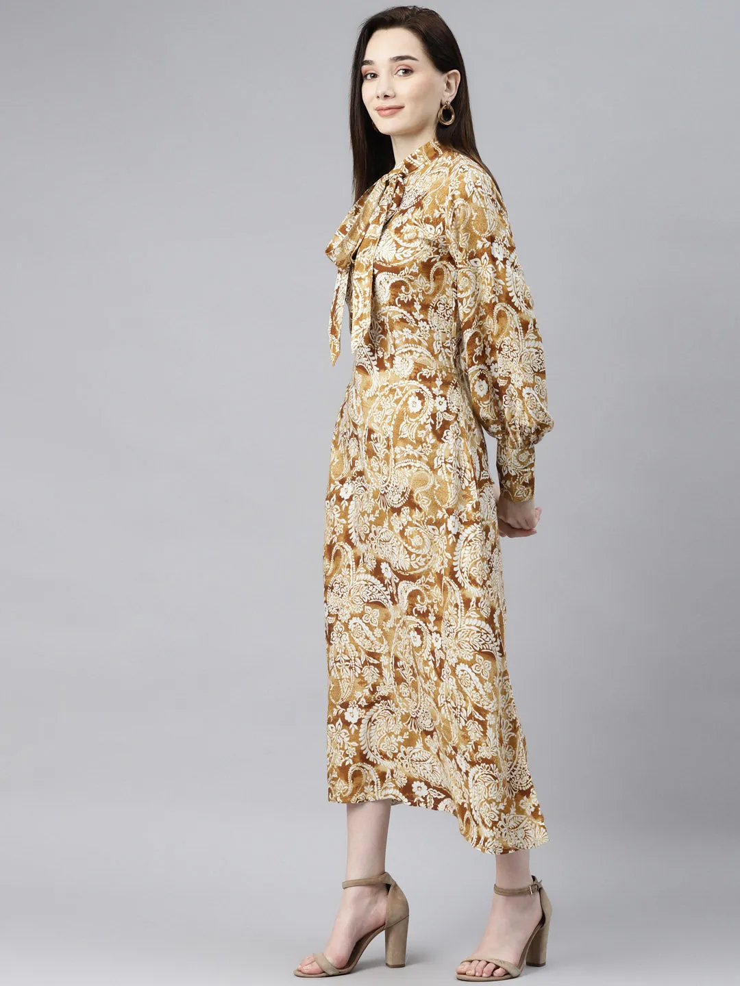 Indibelle Rayon Paisley Print Tie-Up A-Line Dress (Mustard)