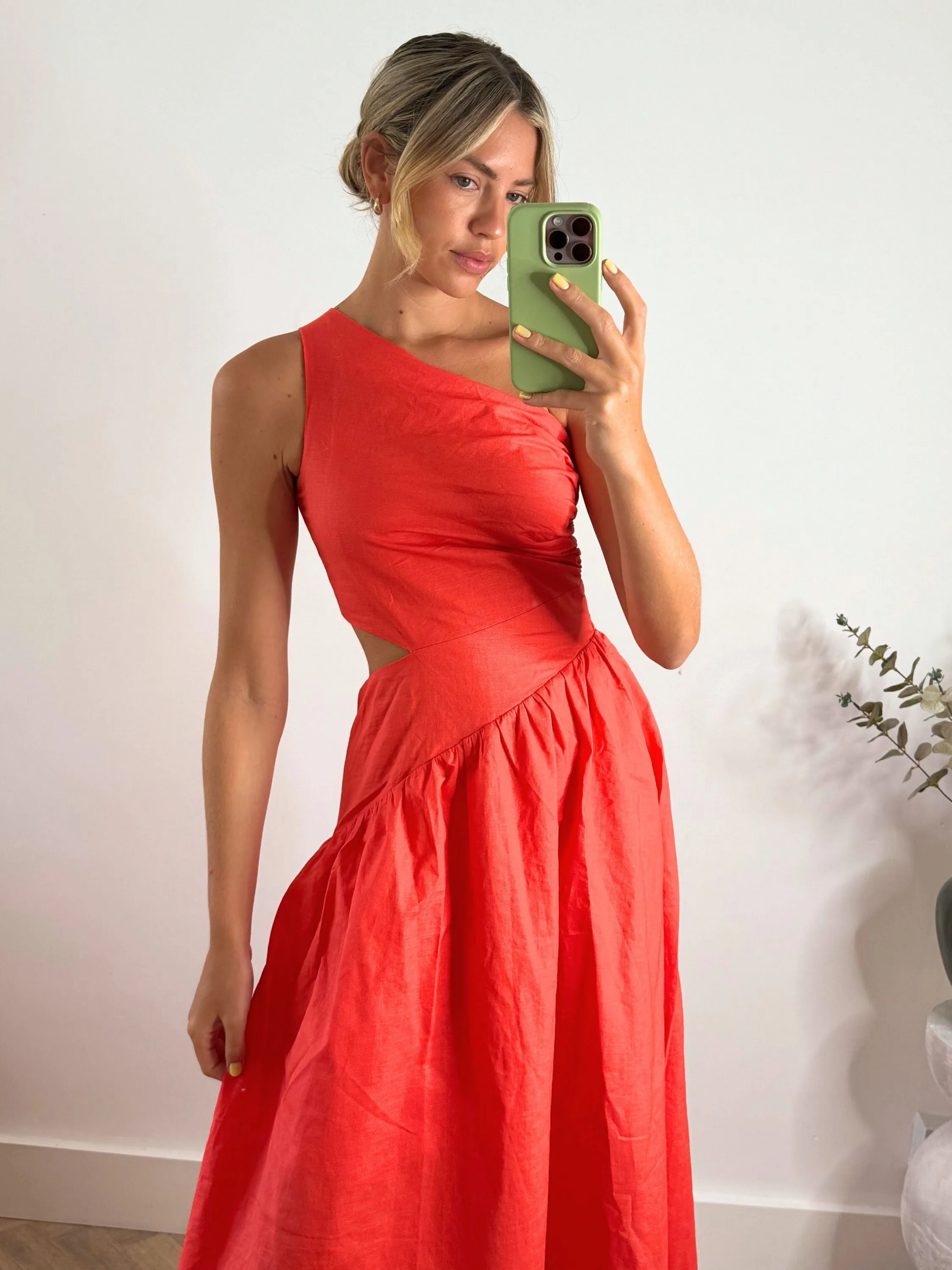 Jasmine Cut Out One Shoulder Dress in Coral