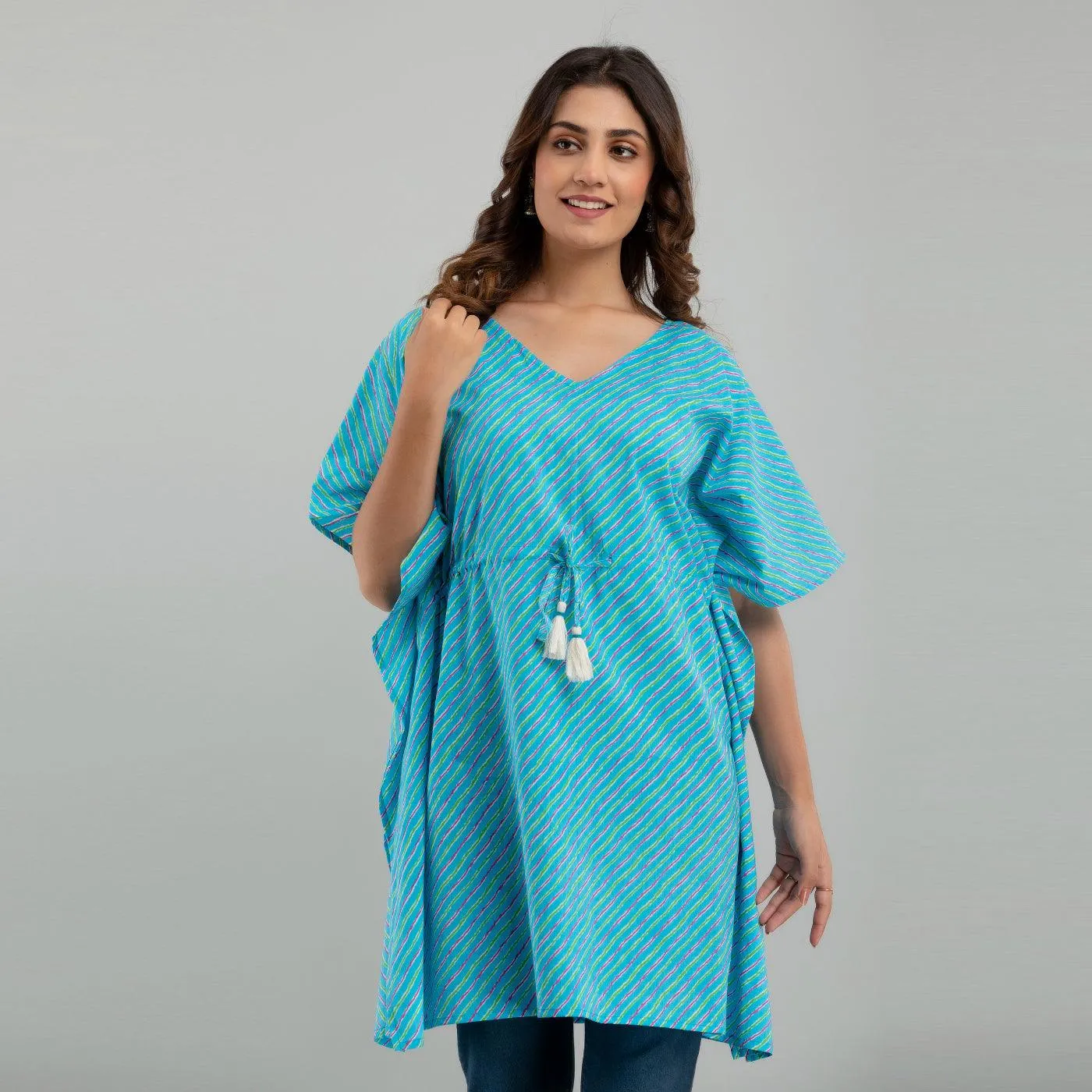 Light Blue Leheriya Print Cotton Kaftan Dress (SHKUP1224)