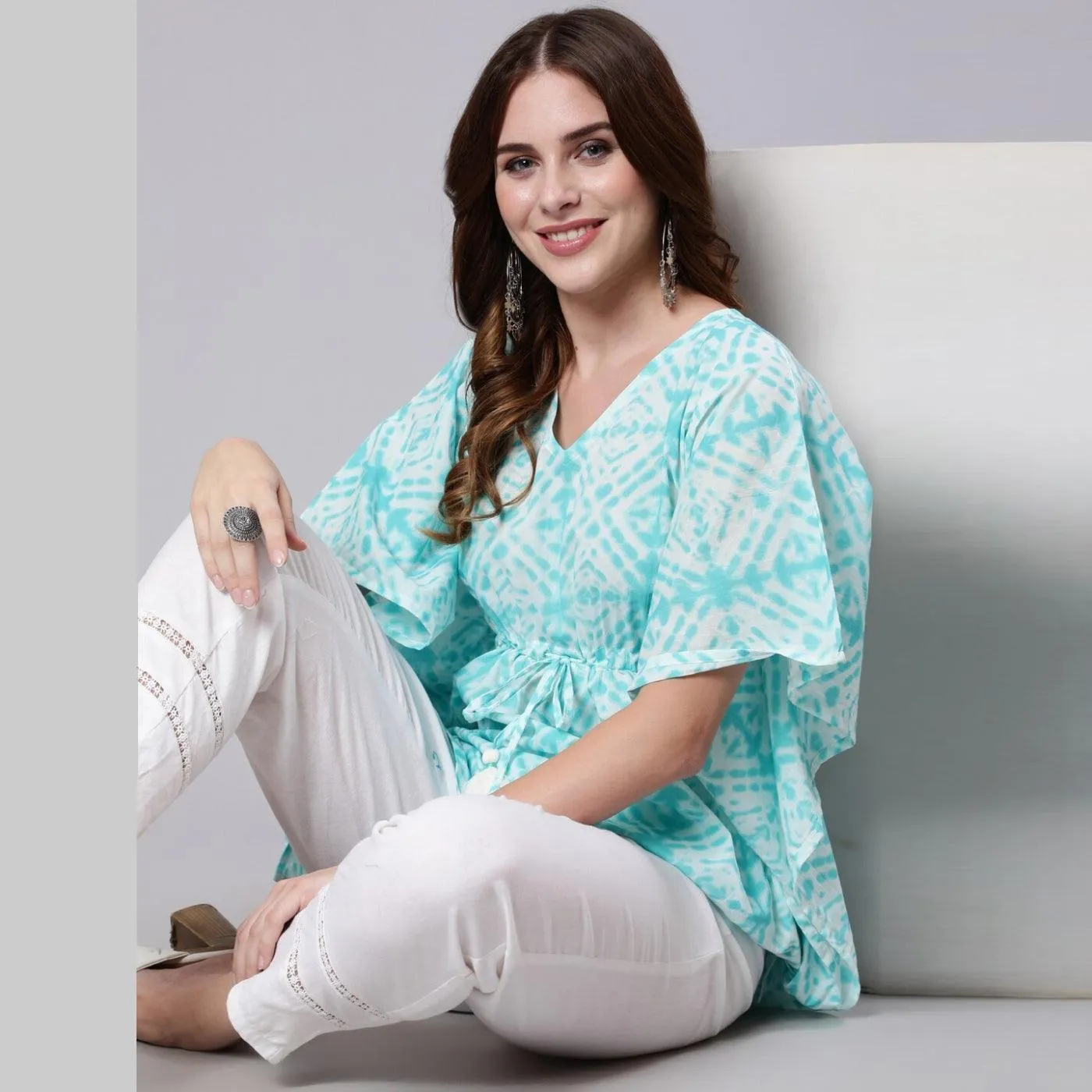 Light Blue Tie And Dye Print Cotton Kaftan Dress (SHKUP1207)