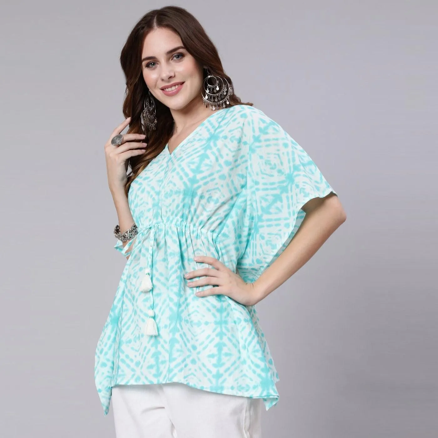 Light Blue Tie And Dye Print Cotton Kaftan Dress (SHKUP1207)