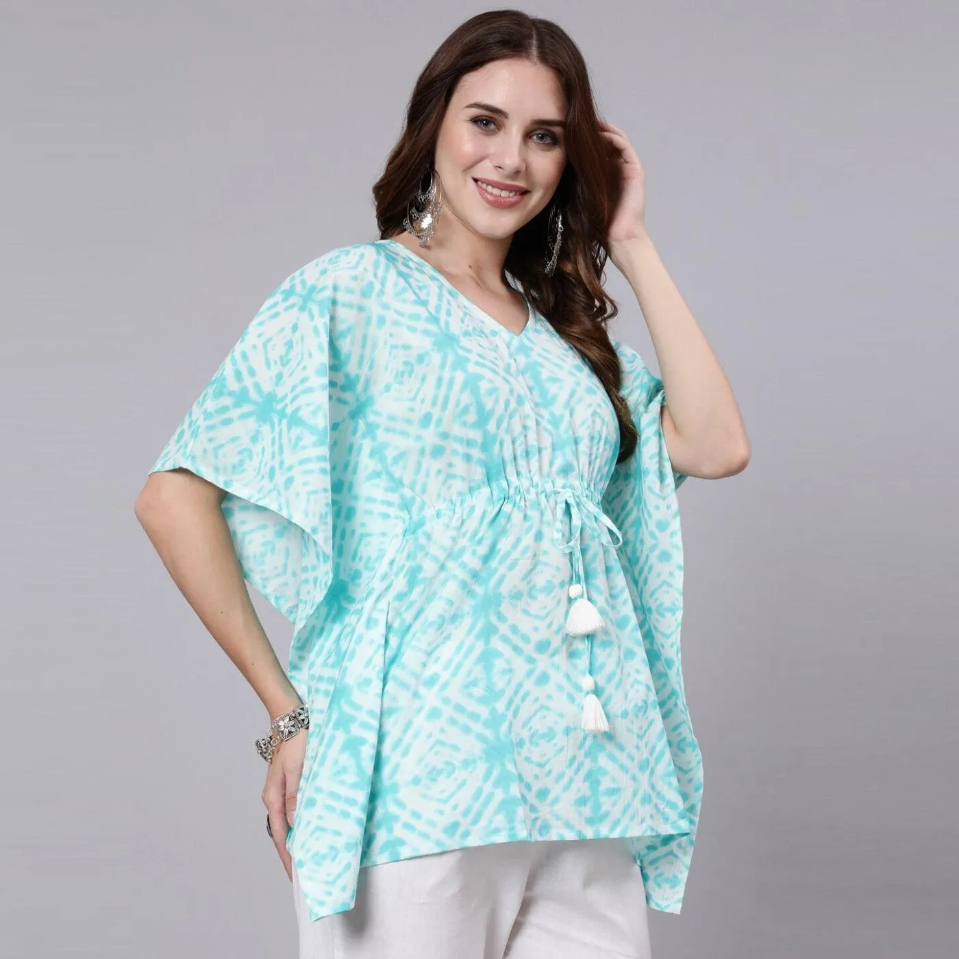 Light Blue Tie And Dye Print Cotton Kaftan Dress (SHKUP1207)