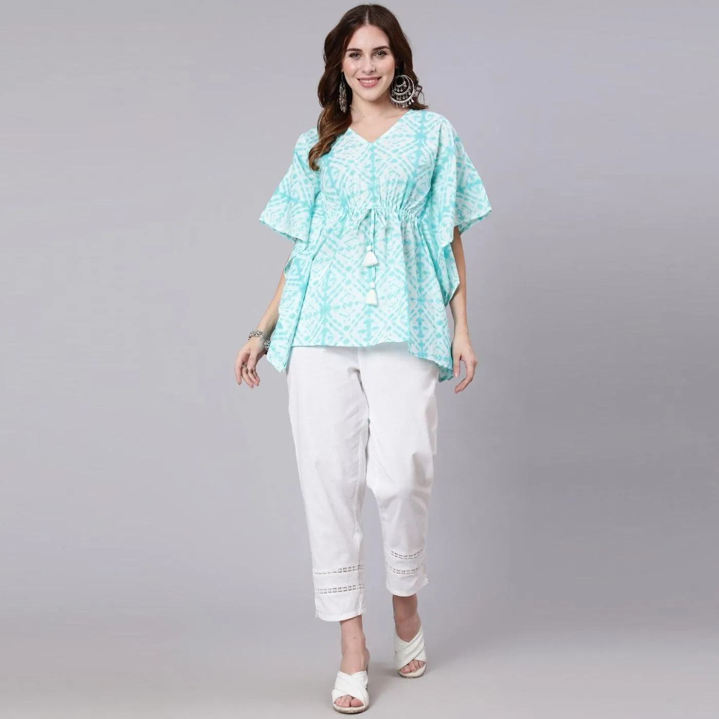 Light Blue Tie And Dye Print Cotton Kaftan Dress (SHKUP1207)