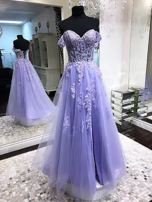 Lilac Long A-line Off the Shoulder Tulle Lace Formal Prom Dresses