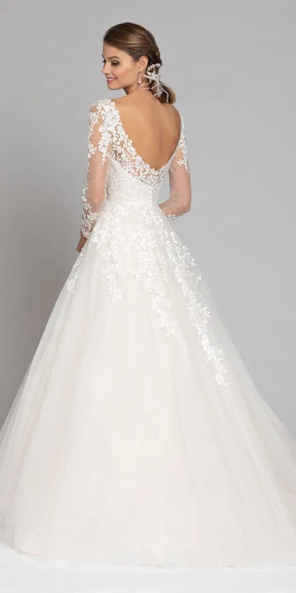 Long Sleeve Illusion Embroidered Tulle Ballgown