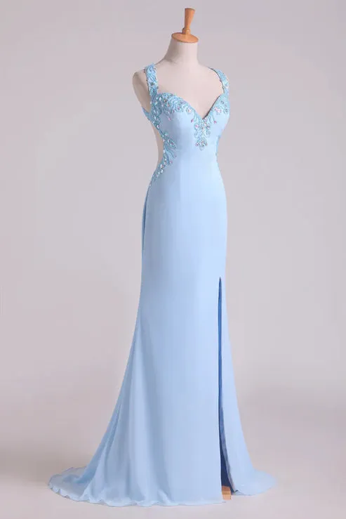 Luolandi A Line Halter Beaded Bodice Open Back Party Dresses Chiffon With Slit Sexy Evening Dress
