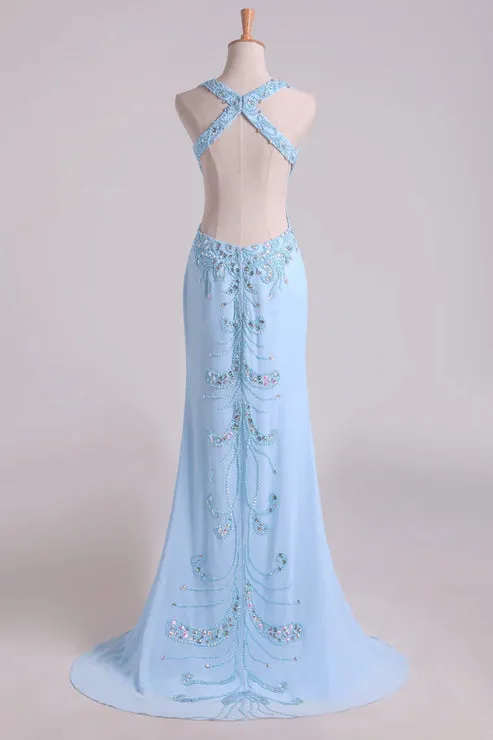Luolandi A Line Halter Beaded Bodice Open Back Party Dresses Chiffon With Slit Sexy Evening Dress