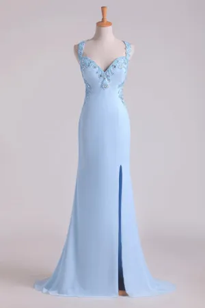 Luolandi A Line Halter Beaded Bodice Open Back Party Dresses Chiffon With Slit Sexy Evening Dress