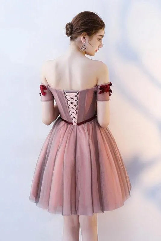 Luolandi A Line Strapless Off the Shoulder Red Flowers Short Tulle Lace up Homecoming Dresses