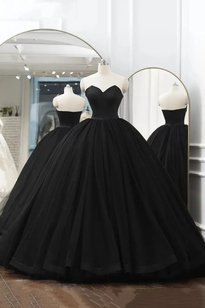 Luolandi Black Tulle Long A-Line Prom Dresses Black Strapless Long Evening Dresses Off Shoulder