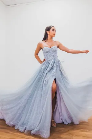 Luolandi Blue Lace and Tulle Long Prom Dresses A-Line Strapless Evening Dresses Sparkly