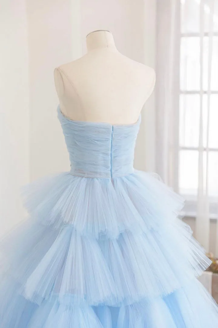 Luolandi Blue Layers Tulle Long Prom Dresses A-Line Strapless Evening Dresses Off Shoulder