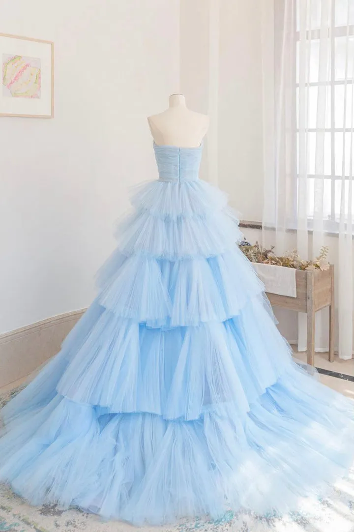 Luolandi Blue Layers Tulle Long Prom Dresses A-Line Strapless Evening Dresses Off Shoulder