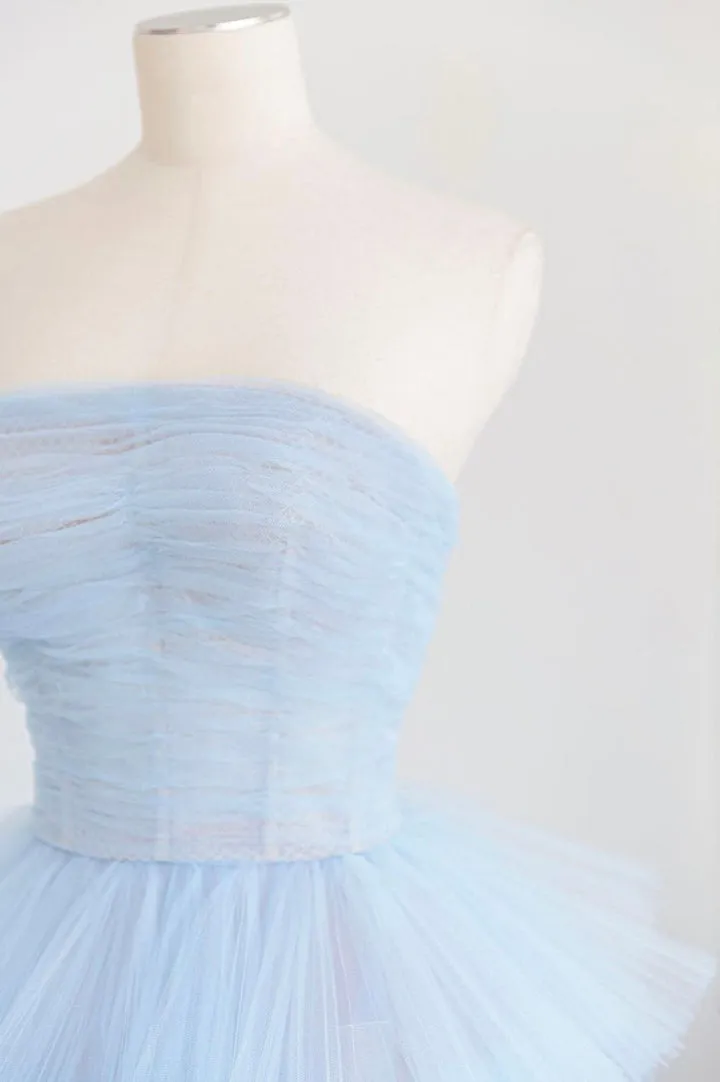 Luolandi Blue Layers Tulle Long Prom Dresses A-Line Strapless Evening Dresses Off Shoulder