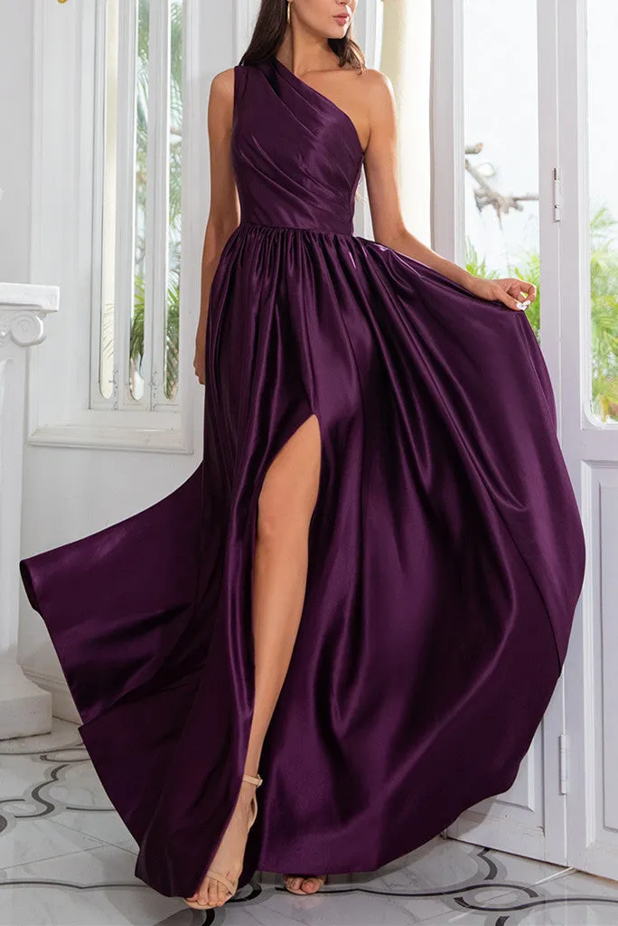 Luolandi Charming A-Line Satin One Shoulder Purple Prom Dresses With Side Split Sexy Evening Dresses