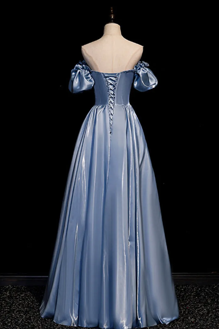 Luolandi Cute Satin Long Prom Dresses Blue Short Sleeve A-Line Evening Dresses Off Shoulder