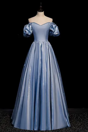 Luolandi Cute Satin Long Prom Dresses Blue Short Sleeve A-Line Evening Dresses Off Shoulder