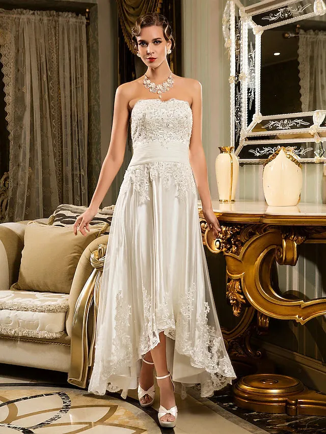Luolandi Little White Dresses Wedding Dresses Asymmetrical A-Line Strapless Sweetheart Lace With Appliques