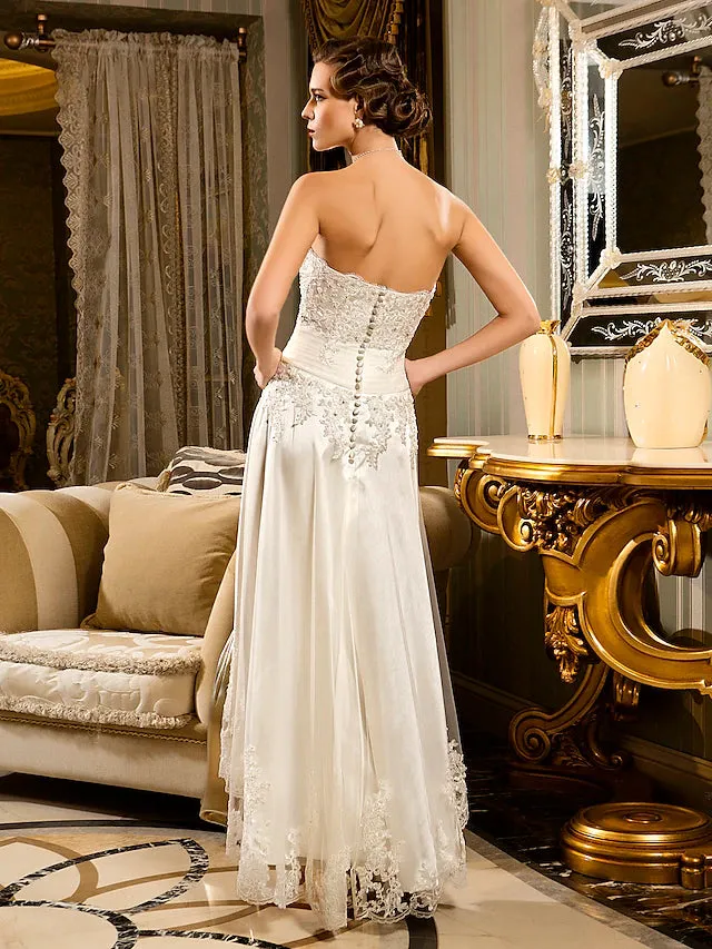Luolandi Little White Dresses Wedding Dresses Asymmetrical A-Line Strapless Sweetheart Lace With Appliques