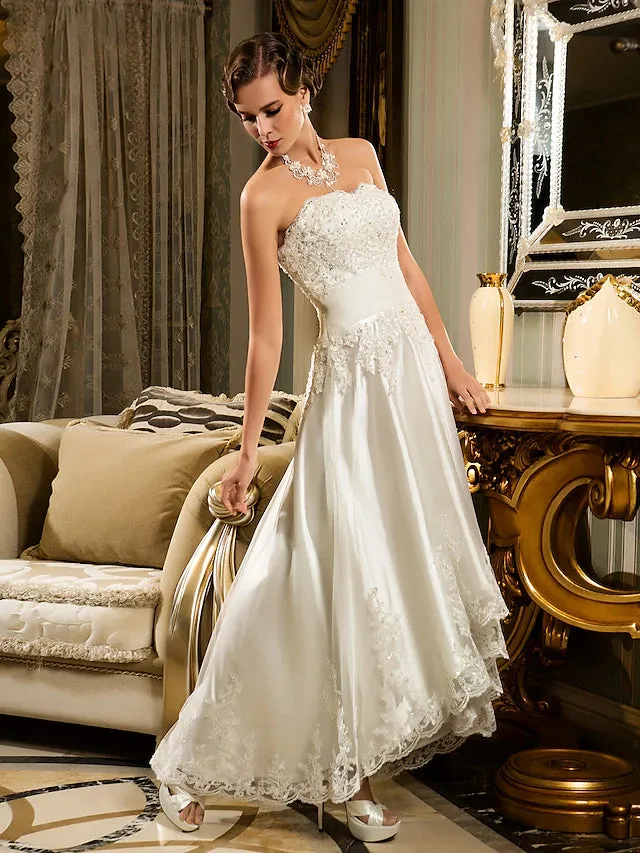 Luolandi Little White Dresses Wedding Dresses Asymmetrical A-Line Strapless Sweetheart Lace With Appliques