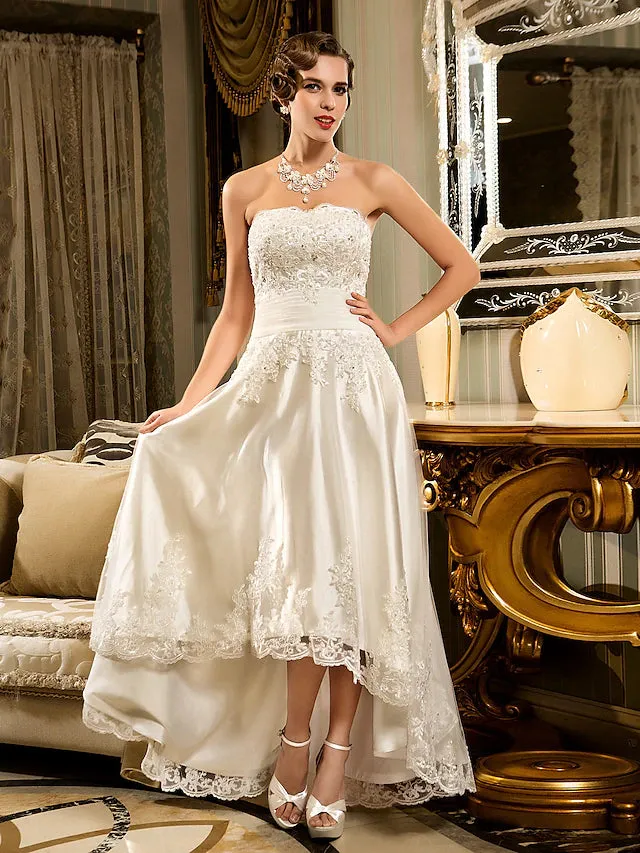Luolandi Little White Dresses Wedding Dresses Asymmetrical A-Line Strapless Sweetheart Lace With Appliques