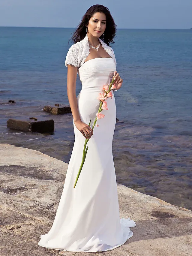 Luolandi Long Wedding Dresses Strapless Chiffon Short Sleeve Vintage Separate Bodies