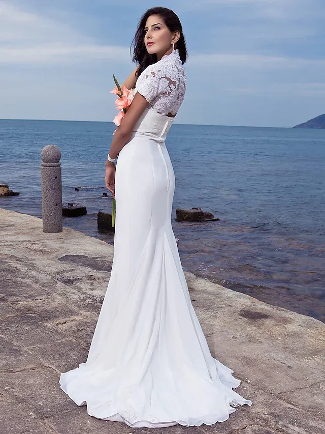 Luolandi Long Wedding Dresses Strapless Chiffon Short Sleeve Vintage Separate Bodies