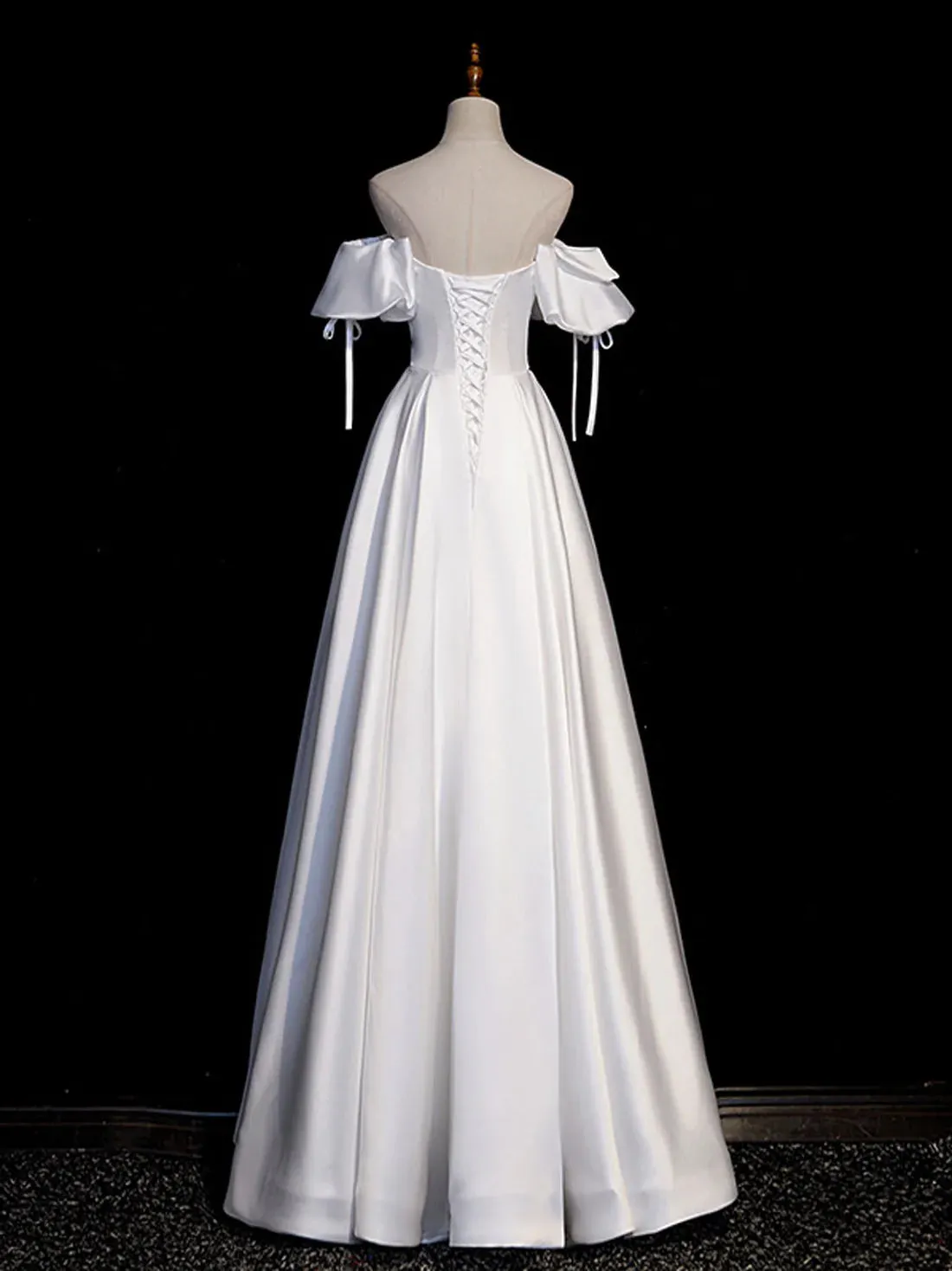 Luolandi White A-Line Satin Long Prom Dresses Evening Dresses Off Shoulder Formal Dress