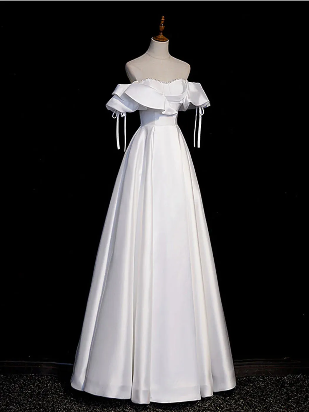 Luolandi White A-Line Satin Long Prom Dresses Evening Dresses Off Shoulder Formal Dress