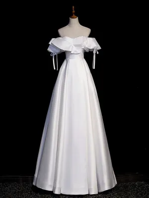 Luolandi White A-Line Satin Long Prom Dresses Evening Dresses Off Shoulder Formal Dress