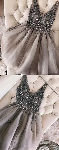 Luxurious Sequins Beaded V-neck Tulle Short Gray Homecoming Dresses PFH0003