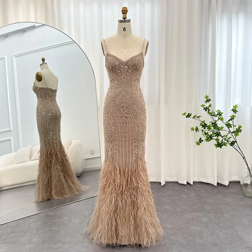 Luxury Feathers Champagne Spaghetti Evening DressSS171