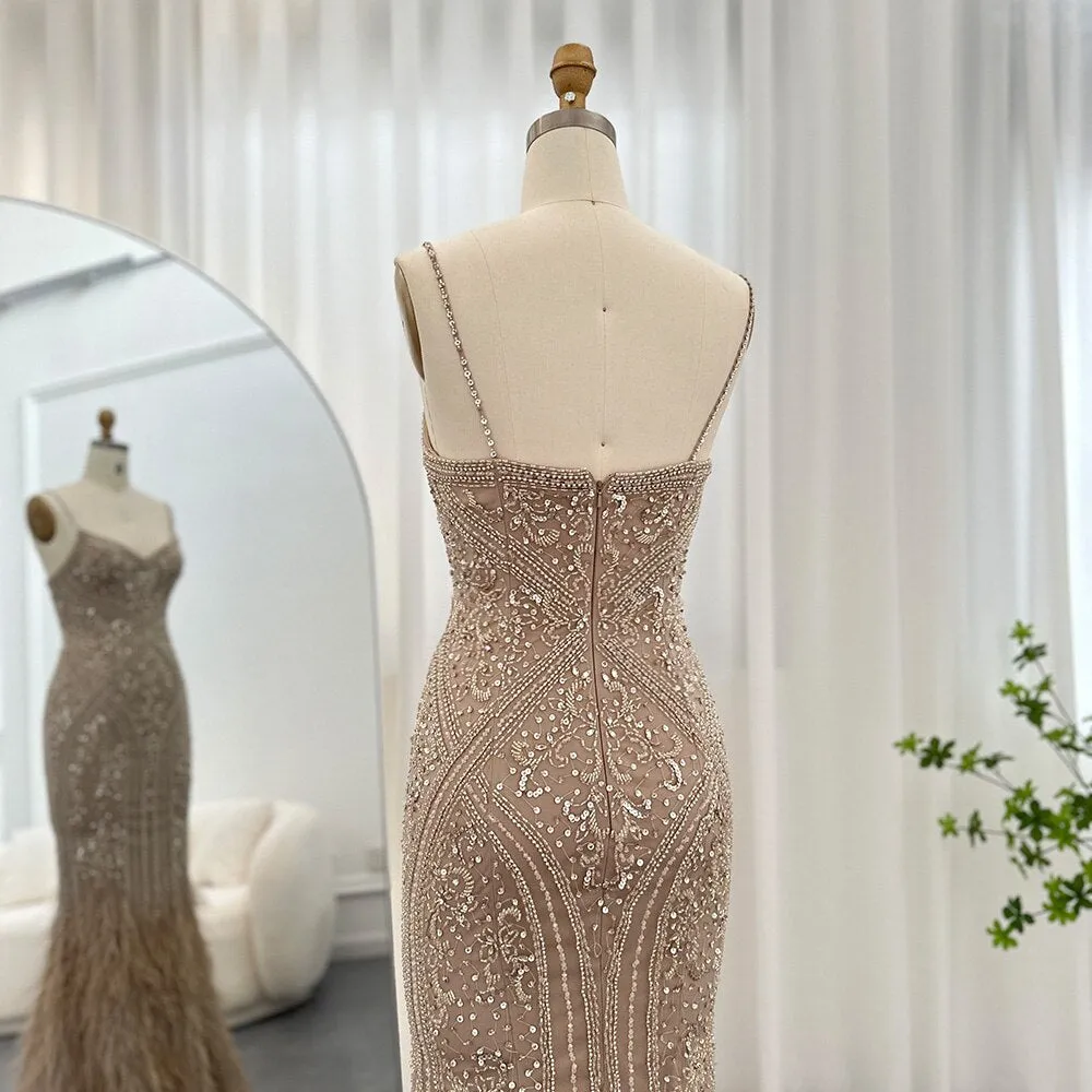 Luxury Feathers Champagne Spaghetti Evening DressSS171