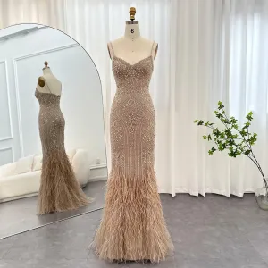 Luxury Feathers Champagne Spaghetti Evening DressSS171