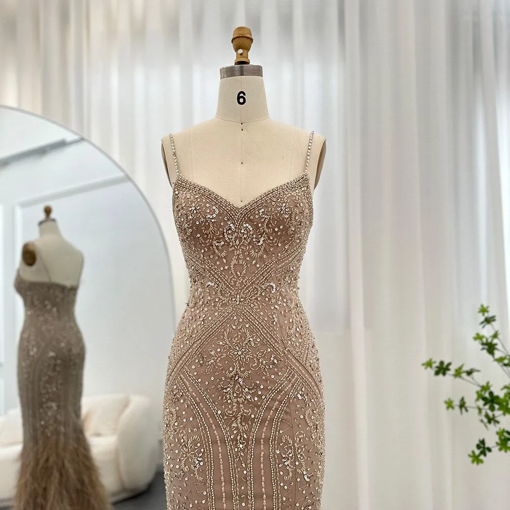 Luxury Feathers Champagne Spaghetti Evening DressSS171