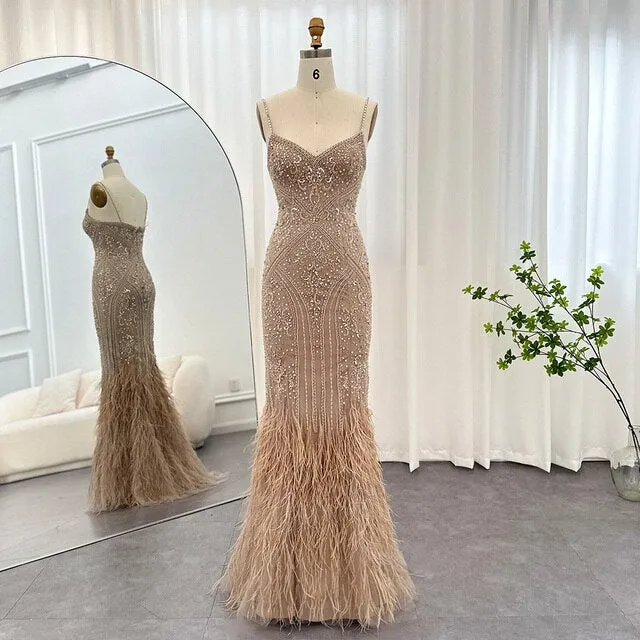 Luxury Feathers Champagne Spaghetti Evening DressSS171
