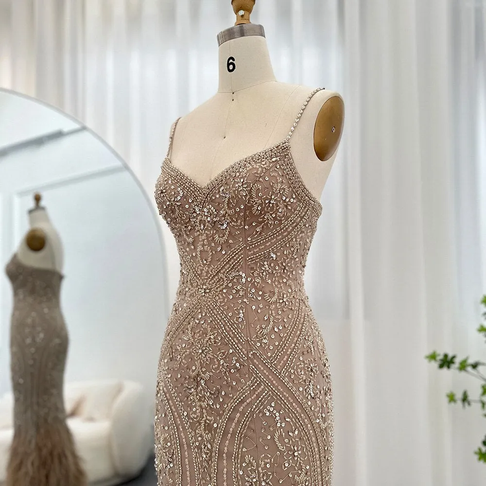 Luxury Feathers Champagne Spaghetti Evening DressSS171