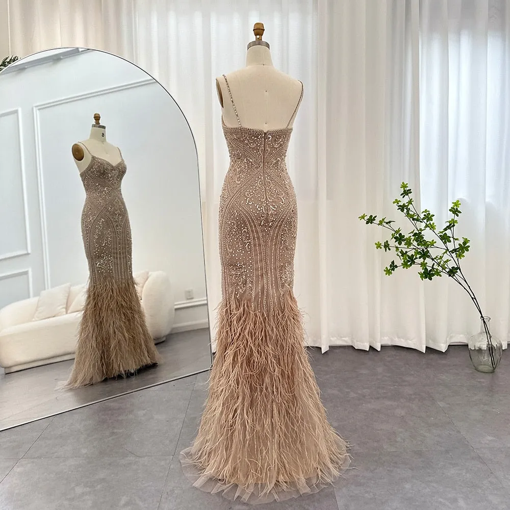 Luxury Feathers Champagne Spaghetti Evening DressSS171