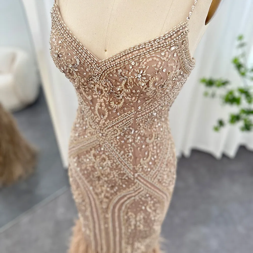 Luxury Feathers Champagne Spaghetti Evening DressSS171