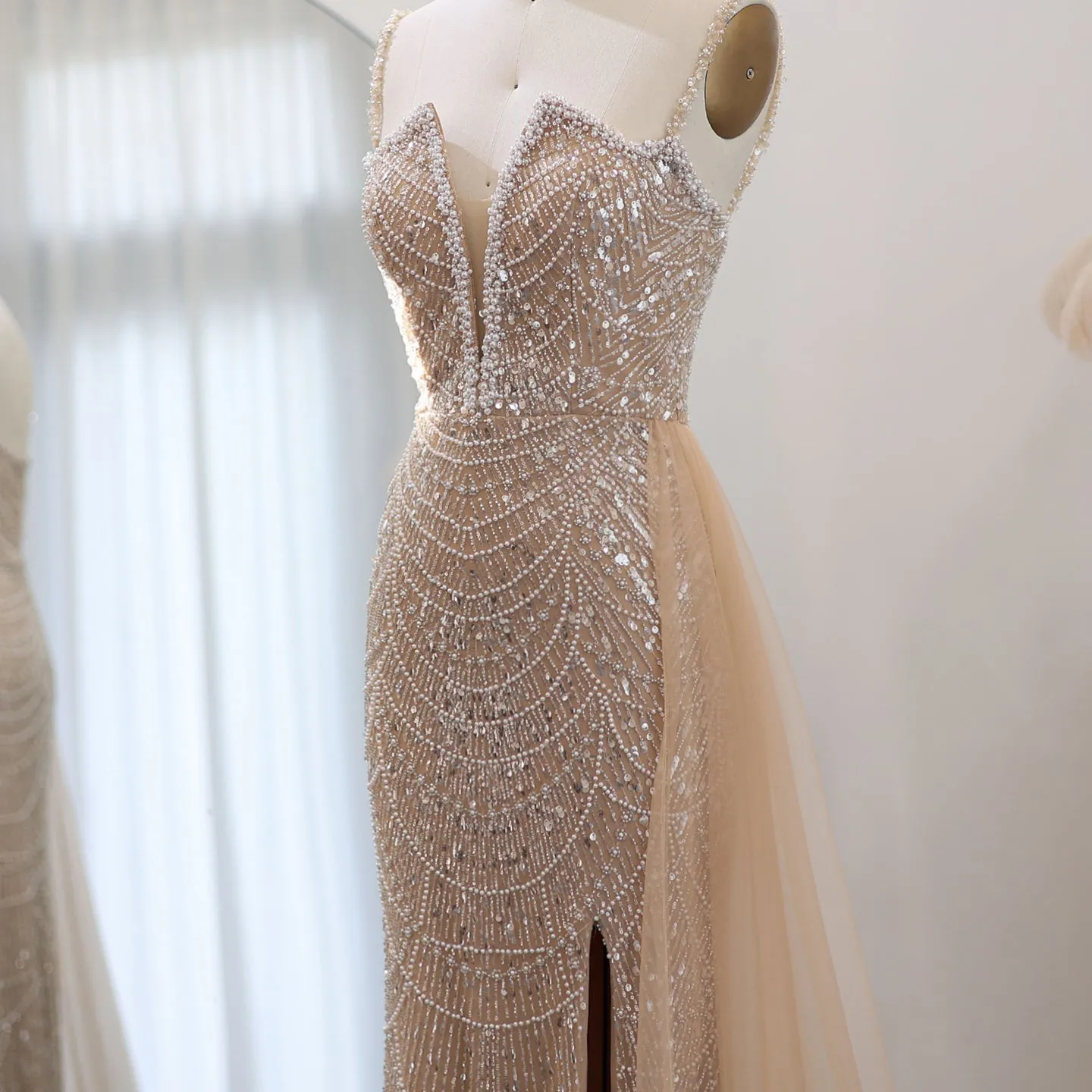 Luxury Nude Spaghetti Evening Dress with Overskirt SS311