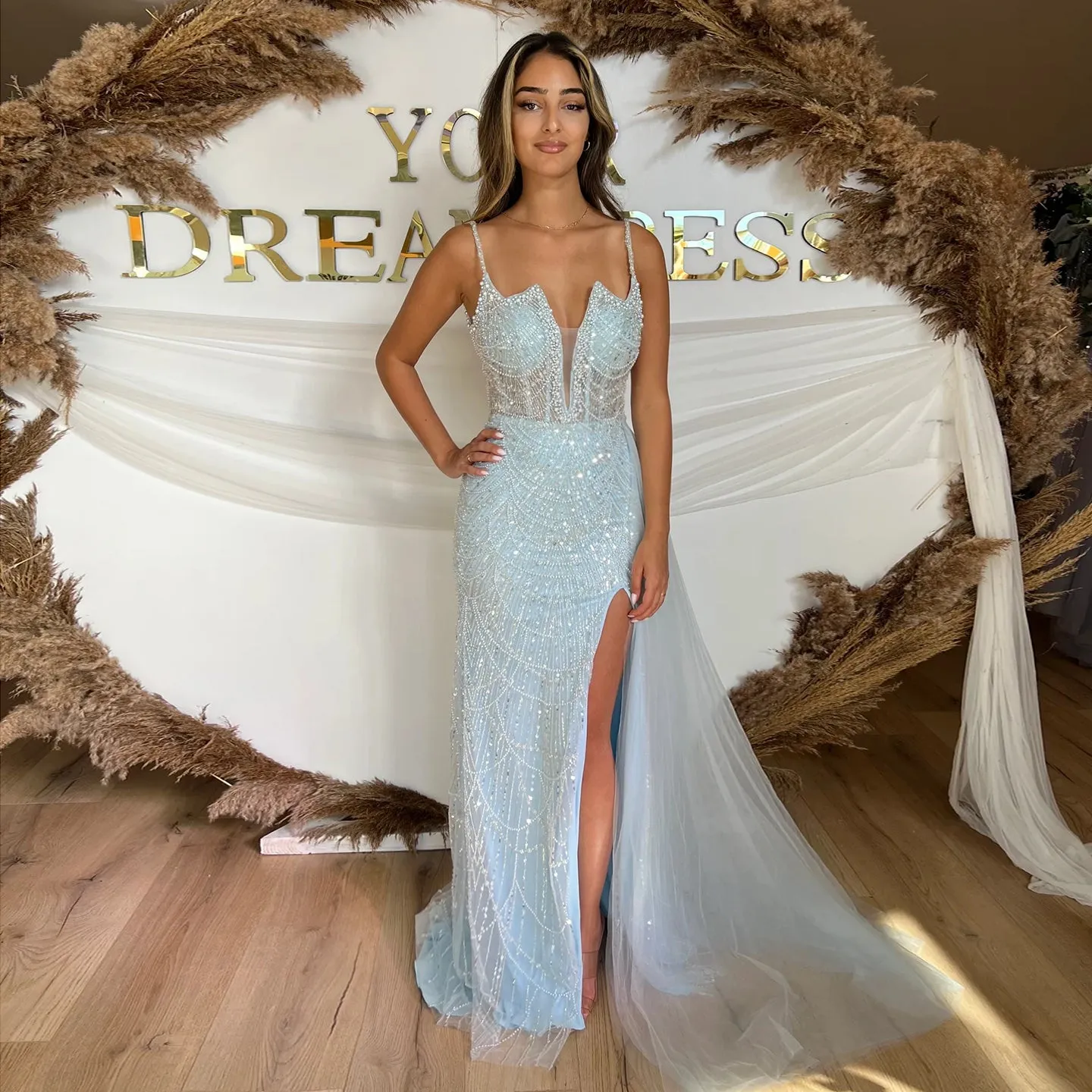 Luxury Nude Spaghetti Evening Dress with Overskirt SS311