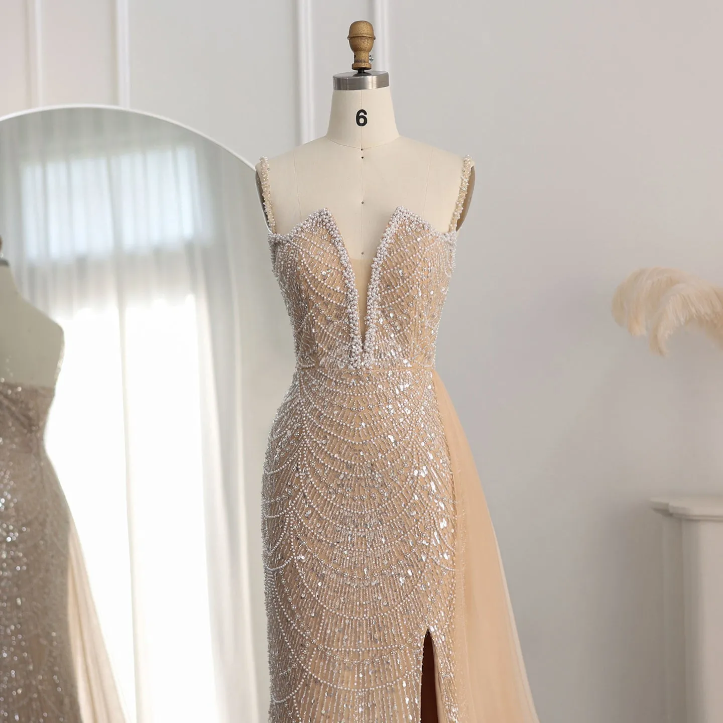 Luxury Nude Spaghetti Evening Dress with Overskirt SS311