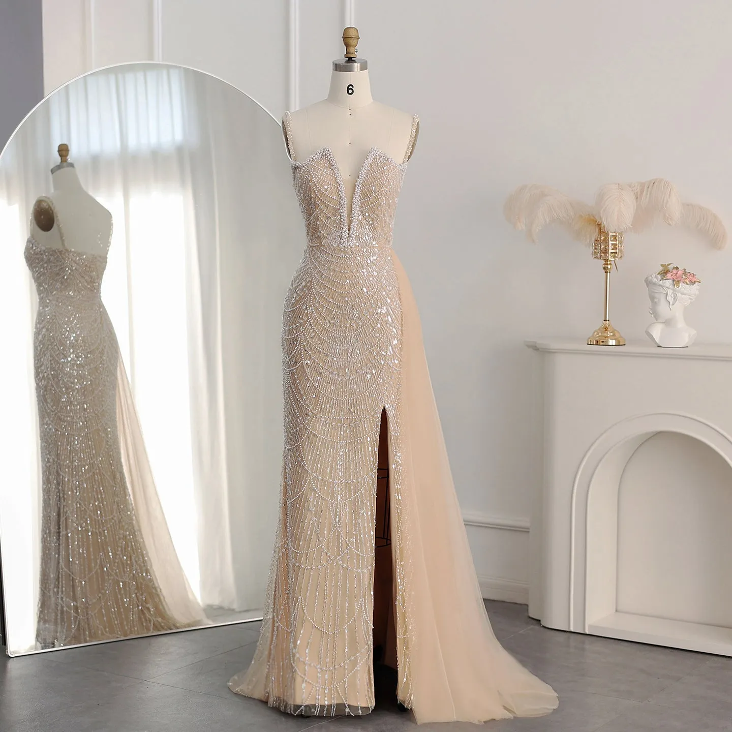 Luxury Nude Spaghetti Evening Dress with Overskirt SS311