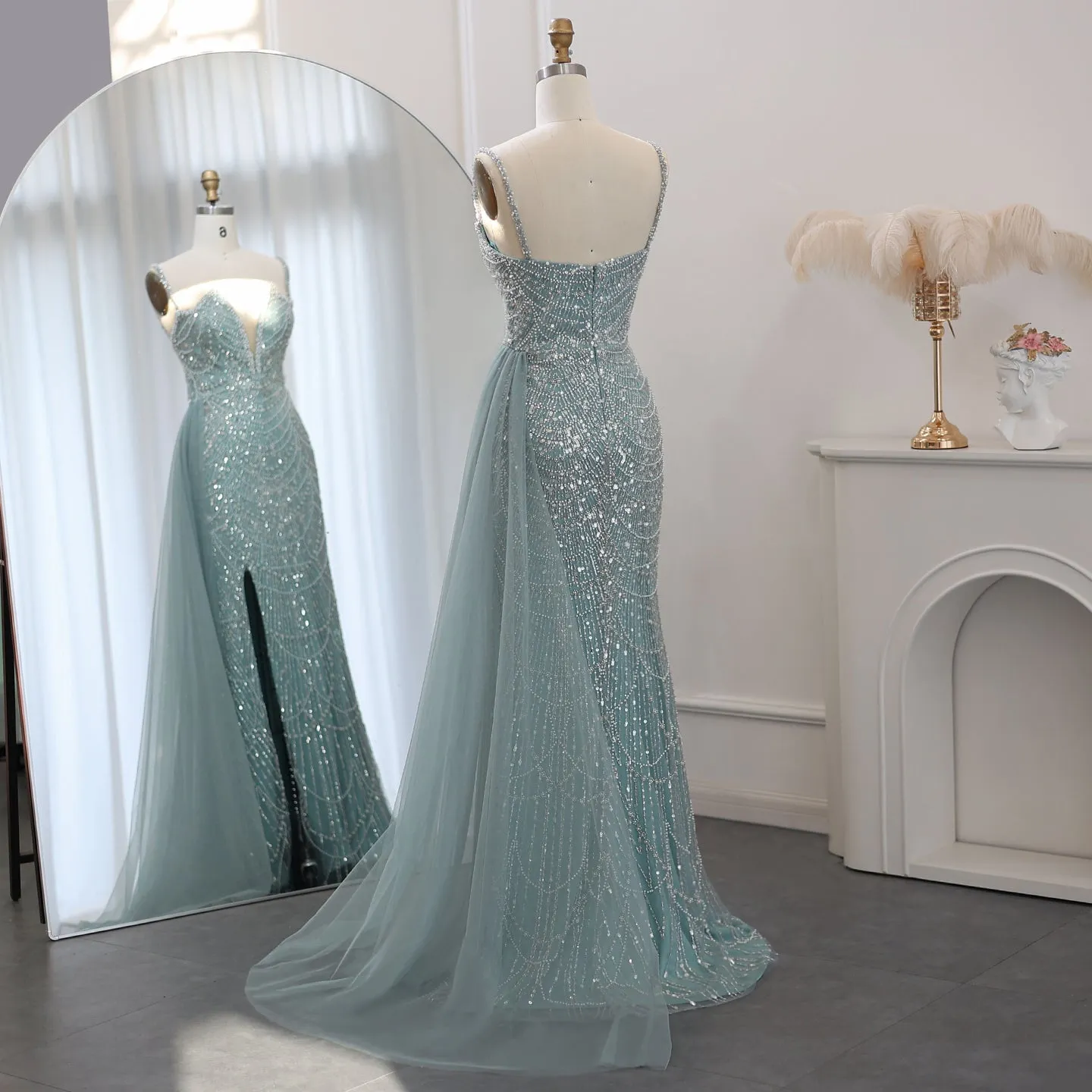 Luxury Nude Spaghetti Evening Dress with Overskirt SS311