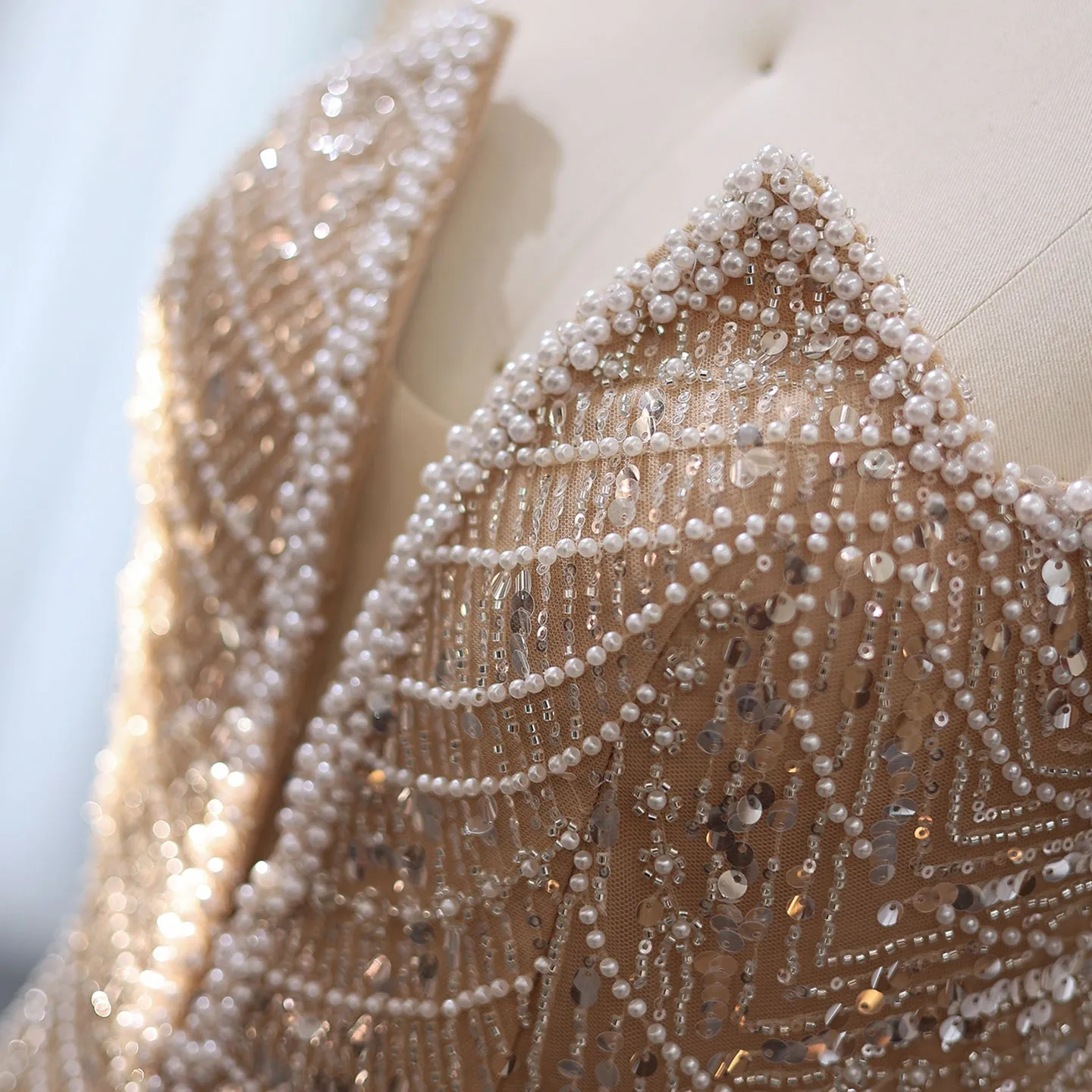 Luxury Nude Spaghetti Evening Dress with Overskirt SS311