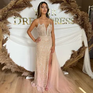 Luxury Nude Spaghetti Evening Dress with Overskirt SS311