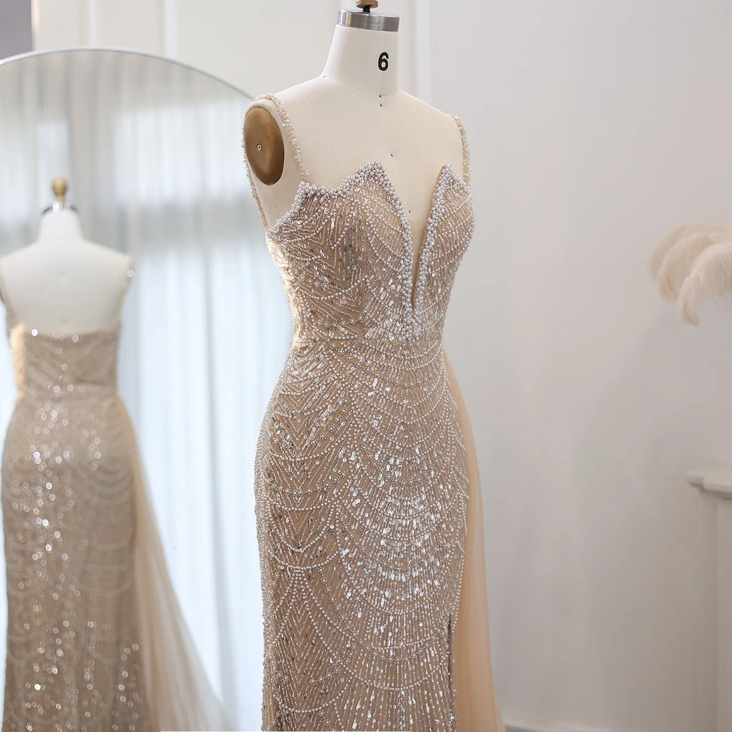 Luxury Nude Spaghetti Evening Dress with Overskirt SS311