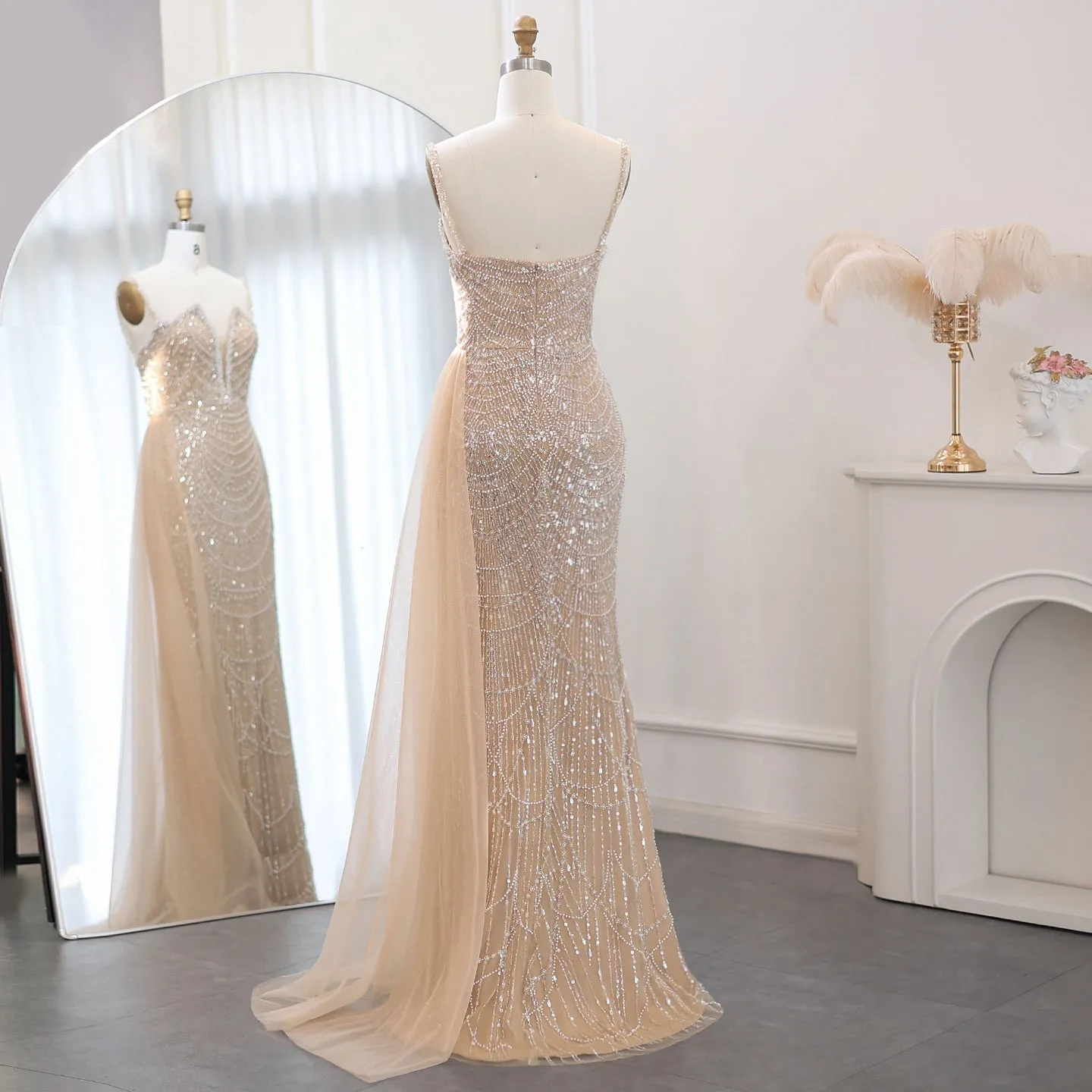 Luxury Nude Spaghetti Evening Dress with Overskirt SS311