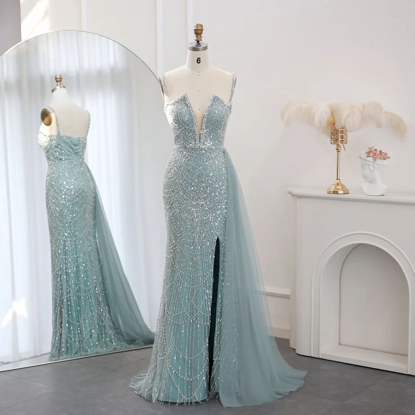 Luxury Nude Spaghetti Evening Dress with Overskirt SS311