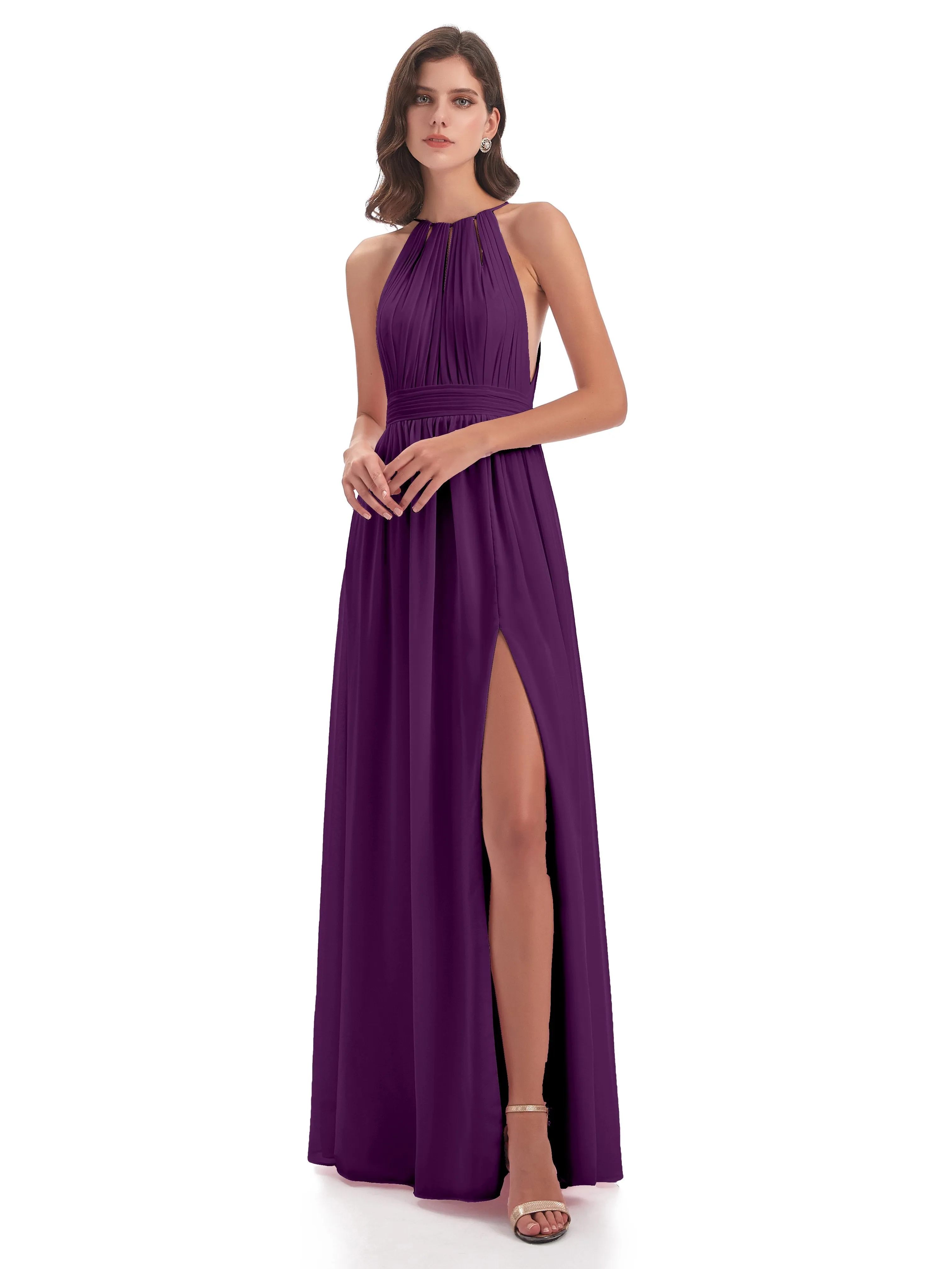 Marlowe Floor Length Halter Split Chiffon Bridesmaid Dresses